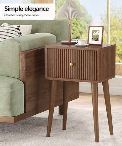 Akxomel Small Nightstand Set 2 Fluted Wooden Nightstands Wood Legs Walnut | Bedside Table with Storage Drawer, Modern Mid-Century End Side Table with Solid Wood Legs, for Bedroom, Office, Small Space - color: Walnut