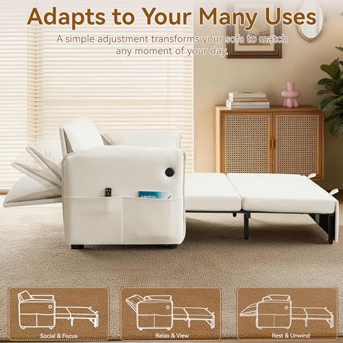 63" 3-in-1 Velvet Convertible Sleeper Sofa Bed, Modern Adjustable Backrest Loveseat Pull Out Couch with USB & Side Pocket, Small Space Love Seat Sofa Bed for Living Room, Bedroom, Beige Velvet - color: Beige