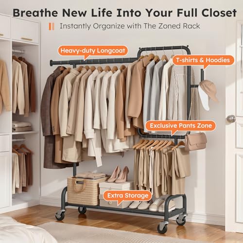SOLEDI Heavy Duty Partitioned Clothes Rack, 600 LBS Load Metal Garment Rack with Shelves & Lockable Wheels, Rolling Hanging Rack for Bedroom, Laundry Room, Store & Garage (Black) - color: Black