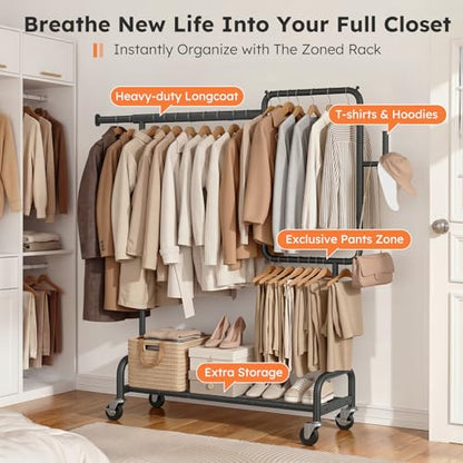 SOLEDI Heavy Duty Partitioned Clothes Rack, 600 LBS Load Metal Garment Rack with Shelves & Lockable Wheels, Rolling Hanging Rack for Bedroom, Laundry Room, Store & Garage (Black) - color: Black