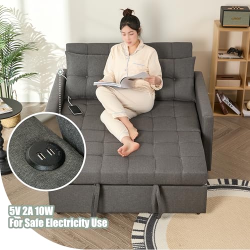GOSUHI 52" 3-in-1 Convertible Sleeper Sofa Bed, Linen, Dark Gray | Pull-Out Bed, Stepless Adjustable Backrest, Side Pocket, Compact Loveseat, Living Room, Dorm & Apartment - color: Dark Gray