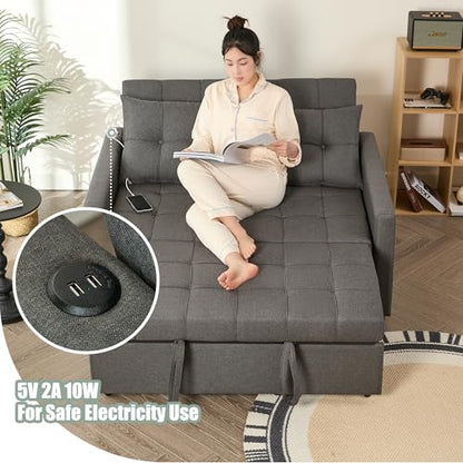 GOSUHI 52" 3-in-1 Convertible Sleeper Sofa Bed, Linen, Dark Gray | Pull-Out Bed, Stepless Adjustable Backrest, Side Pocket, Compact Loveseat, Living Room, Dorm & Apartment - color: Dark Gray