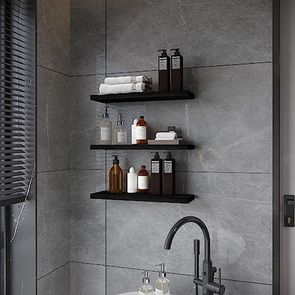 SAUMONIERES Floating Wall Shelves for Bedroom Bathroom Wall Mounted Solid Wood Shelf 24 Inch Set of 3, Black - color: Black, size: 24 Inch-3 shelves
