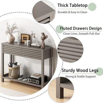 Ludatido Fluted Console Table for Entryway, 40'' Modern Small Entryway Table with Drawers, Storage Shelf, Narrow Wood Sofa Table for Living Room/Bedroom/Hallway Use (Oak Gray)