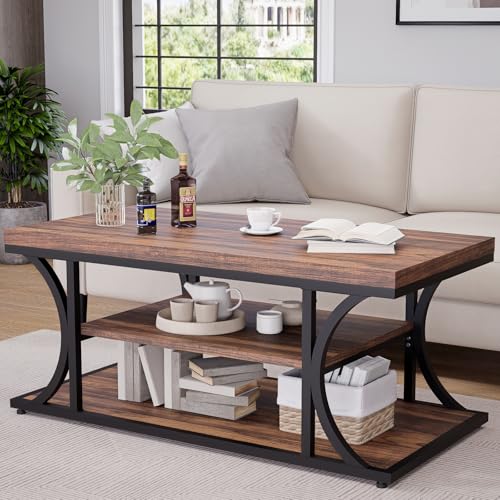 Farmhouse Coffee Table with Storage, 3-Tier Industrial Wood & Metal Coffee Table for Living Room, Rustic Rectangle Center Table with Open Shelves, Rustic Brown