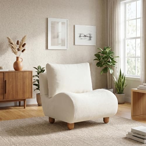 Merax Curved Accent Chair, Modern Armless Lounge Chair with Upholstered Seat, Rounded Backrest and Wood Legs, Single Sofa Seating for Living Room, Bedroom, Reading Nook, Beige White - color: Beige White