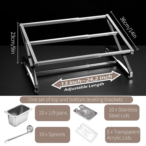Two Tier Adjustable Stainless Steel Spice Organizer Set of 10 Pots with Spoons Commercial Kitchen Spice Rack Sauce Rack Buffet Counter Milk Tea Shop Multifunctional Shelf (Double Slant)