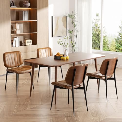 Dining Chairs Set of 4, Mid Century Modern Dining Room Chairs, Upholstered Faux Leather Kitchen Chairs with Walnut Bentwood Back and Metal Legs, Brown - color: Brown, size: Set of 4