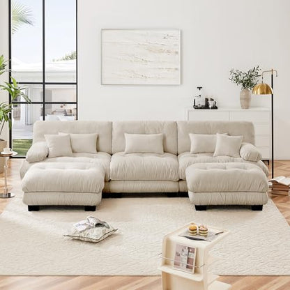 Modular Sectional Sofa for Living Room,134" U-Shaped Comfy Couch with Ottoman, Oversized 3 Seater Beige Sectional Couches with Pillows, Fluffy Couch Set with Deep Seat - color: Chenille Beige, size: 3-Seat & 2-Ottoman