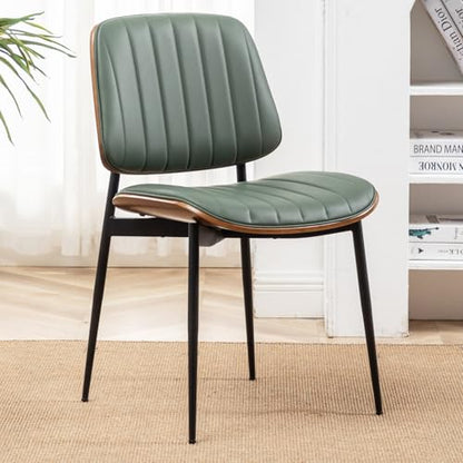 LUNLING Dining Room Chairs Mid Century Modern Retro Green Faux Leather Chair with Walnut Bentwood Upholstered Seat Metal Legs Kitchen Chairs Adjustable Foot for Kitchen Dining Room,1PCS - color: Green, size: 1PCS