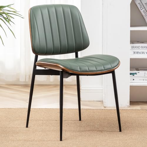 LUNLING Dining Room Chairs Mid Century Modern Retro Green Faux Leather Chair with Walnut Bentwood Upholstered Seat Metal Legs Kitchen Chairs Adjustable Foot for Kitchen Dining Room,1PCS - color: Green, size: 1PCS