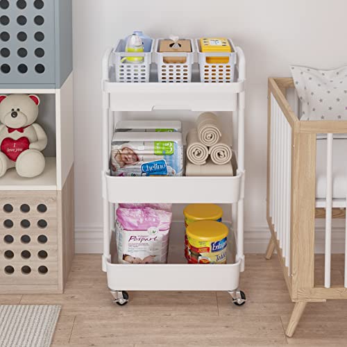 Calmootey 3-Tier Rolling Utility Cart with Drawer,Multifunctional Storage Organizer with Plastic Shelf & Metal Wheels,Storage Cart for Kitchen,Bathroom,Living Room,Office,White | Space-Saving Organizer, Sturdy Plastic Shelves, Smooth-Rolling Metal Wheels,