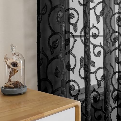 Furman Sheer White Curtains, 45 Inch Length 2 Panels Set, Airy Jacquard Clip Short Curtains for Small Window, Semi Sheer for Bathroom Bedroom Living Room, 40Wx45L inch - color: Black, size: 40"W x 45"L (Pack of 2)