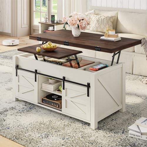 Lift Top Coffee Table for Living Room with 4 Sliding Barn Doors, 4 in 1 Farmhouse Coffee Table with Adjustable Shelves and Hidden Storage Compartment, Converts to Dining Table (Brown White)