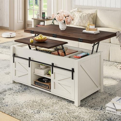 Lift Top Coffee Table for Living Room with 4 Sliding Barn Doors, 4 in 1 Farmhouse Coffee Table with Adjustable Shelves and Hidden Storage Compartment, Converts to Dining Table (Brown White)