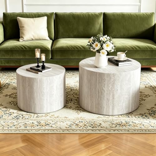 18 inch Stone Round Nesting Coffee Table Set of 2, Travertine | Travertine Veneer, For Living Room, Mid-Century Modern Style, Nestable Design, Nested End Side Table, For Small Spaces - color: Travertine