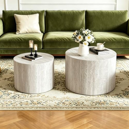 18 inch Stone Round Nesting Coffee Table Set of 2, Travertine | Travertine Veneer, For Living Room, Mid-Century Modern Style, Nestable Design, Nested End Side Table, For Small Spaces - color: Travertine