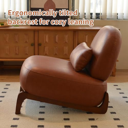 Brown Faux Leather Slippers Chair with Solid Wooden Legs | Low Armless Accent Chair with Soft Cushion, Comfy Upholstered Side Chairs for Living Room, Bedroom, Balcony or Reading Room - color: Brown