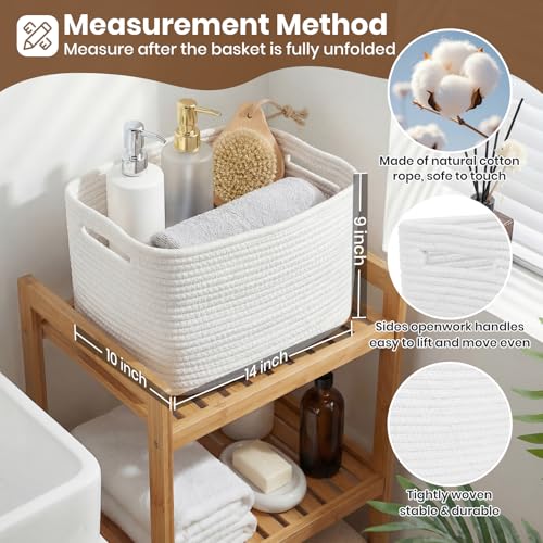 Storage Baskets for Organizing, 14 x 10 x 9” Closet Shelf Woven Baskets, Square Bins with Handles, Cotton Rope Basket for Clothes, Office, Room, White 3 Pack - color: White, size: 3pcs