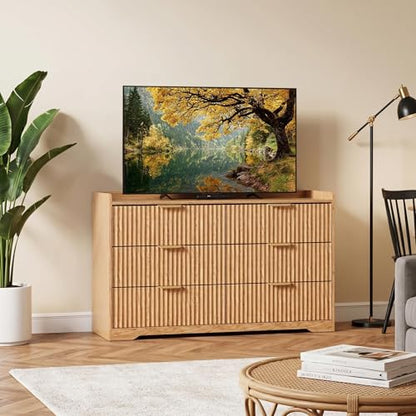 Modern Fluted 6 Drawer Dresser for Bedroom, 47"W x 26"H, Natural Oak | Wooden chest of drawers with metal handles, horizontal TV stand tops, smooth-gliding drawers, anti-drop panels, anti-tip kit - size: 15.6"D x 47.2"W x 26.8"H (6 Drawers)