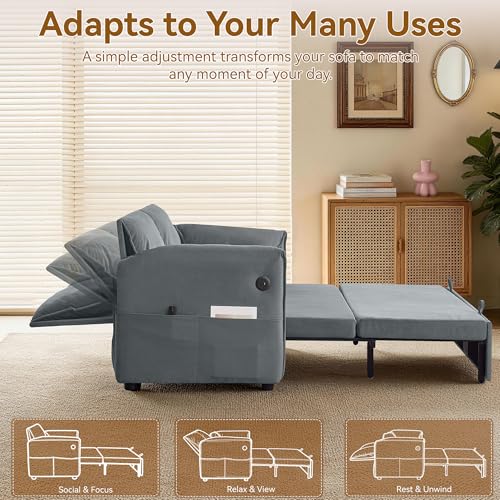 63" 3-in-1 Velvet Convertible Sleeper Sofa Bed, Modern Adjustable Backrest Loveseat Pull Out Couch with USB & Side Pocket, Small Space Love Seat Sofa Bed for Living Room, Bedroom, Grey Velvet - color: Grey