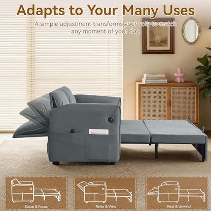 63" 3-in-1 Velvet Convertible Sleeper Sofa Bed, Modern Adjustable Backrest Loveseat Pull Out Couch with USB & Side Pocket, Small Space Love Seat Sofa Bed for Living Room, Bedroom, Grey Velvet - color: Grey