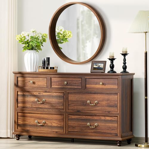 Joaxswe Farmhouse 54" 7 Drawers Dresser for Bedroom, Vintage Wood Chest of Drawers w/ 4 Wooden Legs, Wide Closet Storage Dressers Organizer for Hallway, Rustic Large TV Stand for Living Room, Brown - color: Retro Brown, size: 16"D x 54"W x 32"H (7 Drawers