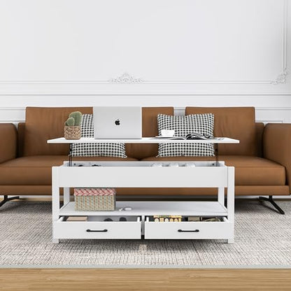 Panana Coffee Table, Lift Top Coffee Table with Hidden Compartment, 2 Drawers and 1 Open Shelf, Retro Central Wooden Table Lift Tabletop for Living Room (White) - color: White