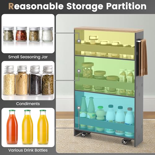 MAT EXPERT Slim Rolling Storage Cart, 4-Tier Freestanding Slim Storage Cart with Wheels 360 Degree & Metal Handle, Wooden Utility Cart for Narrow Kitchen, Laundry Room, Bathroom (Grey + Natural) - color: Grey + Natural