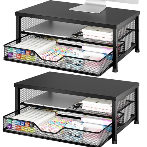 Computer Monitor Stand Riser, Desk Organizer with Drawer, Printer & Laptop Stand, Office Desk Accessories & Workspace Desktop Organizers Storage for Office Supplies(Black 2-Pack) - color: Black 2-Pack