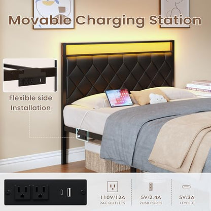Full Size Bed Frame with Headboard, Modern Metal Bed Frame with LED Lights & Charging Station, PU Leather Upholstered Headboard, All Metal Slats Support, No Boxing Spring Needed, Noise Free, Black - size: Full