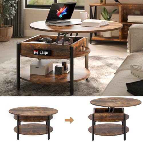 FABATO 26.77” Round Lift Top Coffee Table with Storage, Rustic Brown | Farmhouse Coffee Table, 2 Tier Small Round Center Table, Center Table for Living Room, Circle Dining Table - color: Rustic Brown