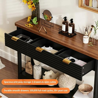 Fluted 47.2" Console Table with Outlets and USB C, Narrow Entryway Table with 3 Drawers, Modern Wood Sofa Table Behind Couch for Living Room, Black & Walnut - color: Entryway Table-black