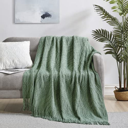 KASYLAN Acrylic Knitted Throw Blanket for Sofa Bed 50x60 Inch Green | Ultra soft acrylic knit, lightweight warm, multi-scene for sofa couch bed, machine washable, breathable textured throw - color: Rhombu-green