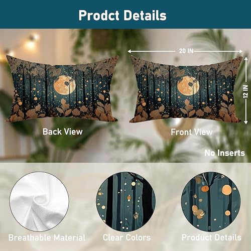 William Morris Inspired Gold Moonlight Forest Throw Pillow Cover 12x20 Set of 2, Vintage Black and Gold Nature Landscape Decorative Lumbar Pillow Cover Case for Home Living Room Bedroom - color: Forest Moon and Starsl-13