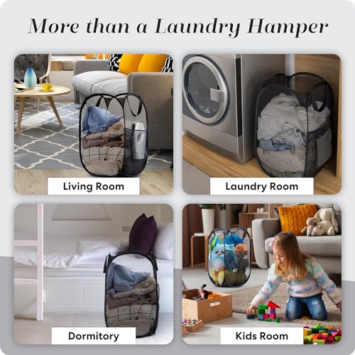 Handy Laundry Collapsible Mesh Pop Up Hamper with Wide Opening and Side Pocket - Breathable, Sturdy, Foldable, and Space-Saving Design for Clothes and Storage (Black) - color: Black