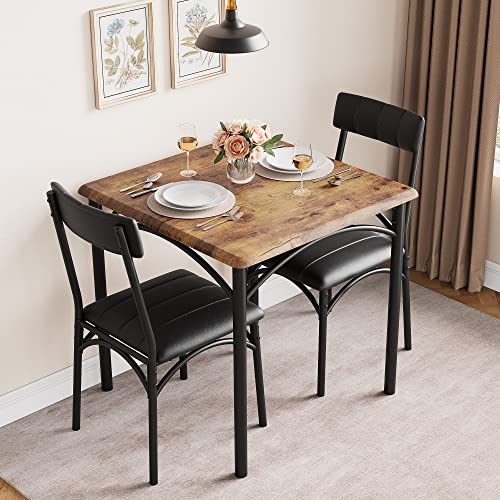 GarveeLife 3-Piece Dining Table Set for 2, Square Kitchen Table & Chairs | Upholstered, Space-Saving Square Kitchen Table Set, Compact Dining Room Furniture for Apartment, Studio - color: Brown