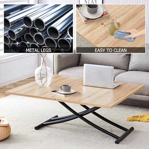 Liftable Folding Dining Table for 4, Adjustable Drop Leaf Table, Folding Coffee Table for Small Spaces, Scratch-Resistant Wood Top with Metal Frame for Apartment Kitchen Living Room - color: Oak-black
