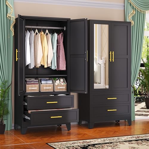 GAIOUS Steel Armoire Wardrobe Closet with Mirror and 2 Drawers 71" Black | Clothes Storage Cabinets with 2 Doors, 1 Adjustable Shelf, Metal Wardrobe Cabinet with Hanging Rod for Bedroom, Gym, Cloak - color: 2 Drawer Black- Mirror Style, size: 17.71"D x 31