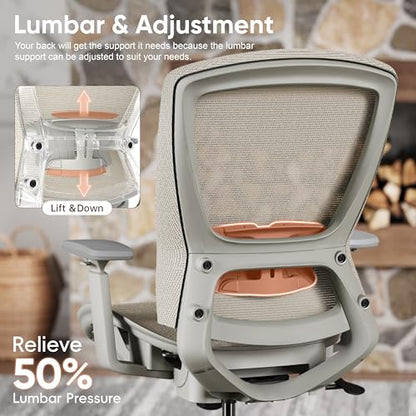 Mesh Office Chair,Ergonomic Computer Desk Chair,Sturdy Task Chair- Adjustable Lumbar Support & Armrests,Tilt Function,Comfort Wide Seat,Swivel Home Office Chair (Beige) - color: Beige