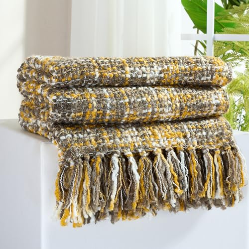 Multi-Color Cable Woven Throw Blanket for Couch - 50"X60" | Multicolored Boho Style,Super Soft Warm Cozy Chunky Blankets with Decorative Tassels for Bed and Sofa,Gold - color: Multi-color Gold, size: 50"x60"