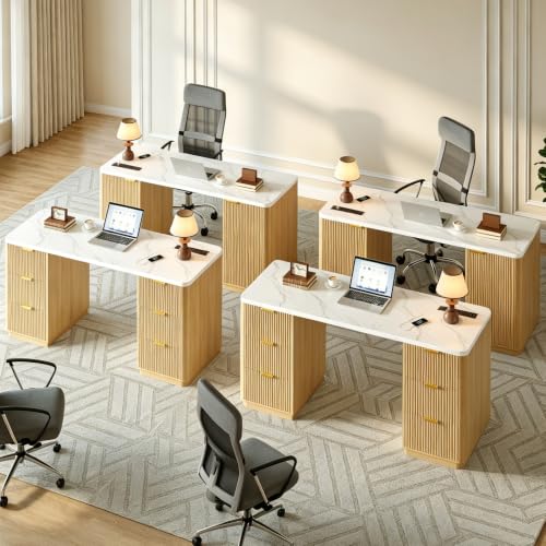 63" Fluted Computer Desk with Charging Station and Storage for Bedroom, Home Office | Home Office Desk with 6 Drawers and Power Outlet, Executive Study Writing Desk with Cabinet, Natural