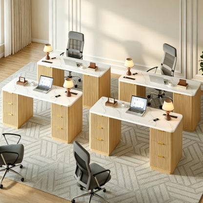 63" Fluted Computer Desk with Charging Station and Storage for Bedroom, Home Office | Home Office Desk with 6 Drawers and Power Outlet, Executive Study Writing Desk with Cabinet, Natural