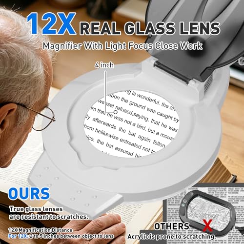 KIRKAS LED Magnifying Lamp with Clamp, 2,200 Lumens Dimmable 35in 12X | Magnifying Glass with Light for Repair Reading Craft Needlework Workbench Magnifier Dust Cover Adjust Swivel Arm - color: White 35in