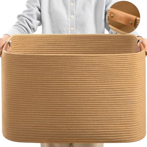 108 L Blanket Basket for Living Room, Toy Basket With Leather Handle, Large Storage Bins for Toys, Pillows, Clothes, Rectangle Large Cotton Rope Basket, 25’’*16’’*16’’ Jute - color: Jute, size: 108L