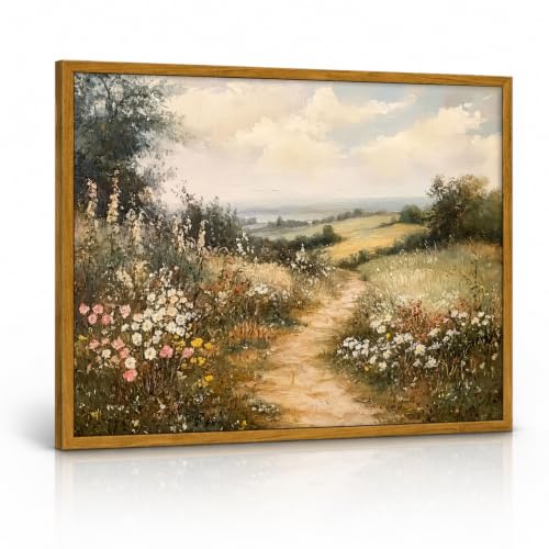 Framed Countryside Landscape Canvas Wall Art Print farmhouse Wildflower Meadow Poster Image Vintage Style Farmhouse Artwork for Gallery or Living Room Decor 12x16 Inch Ready to Hang - color: Colorful wildflowers country road, size: 12x16 Inch