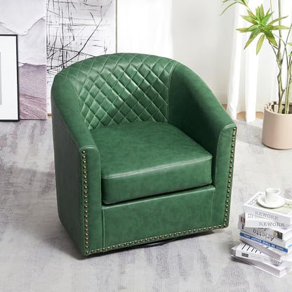 KINWELL 29" W Faux Leather Tufted PU Swivel Barrel Accent Chair, Green | No Assembly Vegan Leather Upholstered Swivel Club Chair with Nailhead Trim, Modern Armchair for Small Spaces Apartment - color: Green, style: Set of 1