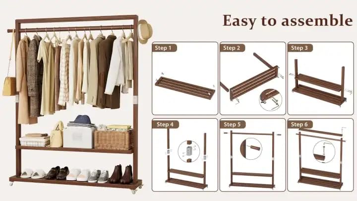 Solid Wood Clothes Rack with Wheels 3-in-1 Garment Rack Extra Long Rod 2 Shelves - size: S-12.6"D x 33.5"W x 66.1"H