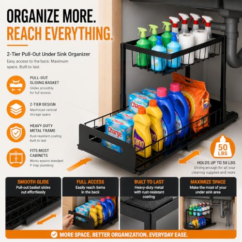 Highline Supply Under Sink Organizer, Kitchen Pantry Bathroom Organization | 2-Pack Organizer, Sliding Pull-Out Cabinet Organizing Rack, Metal Made for Durability, Black