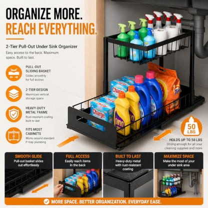 Highline Supply Under Sink Organizer, Kitchen Pantry Bathroom Organization | 2-Pack Organizer, Sliding Pull-Out Cabinet Organizing Rack, Metal Made for Durability, Black